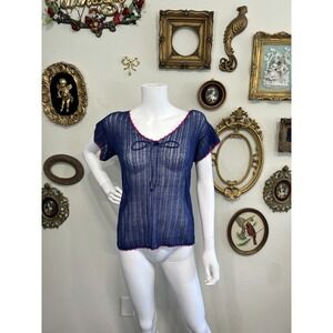 Minnie Rose Mesh Ruffle Knit Sweater Top Navy Pink S